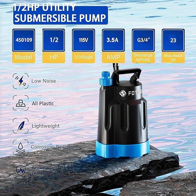 Submersible Water Pump 1/2HP Electric Utility Pump, 1860GPH Sump Pump Submersible Thermoplastic for Swimming Pool Garden Pond Basement Draining with 25ft Long Power Cord