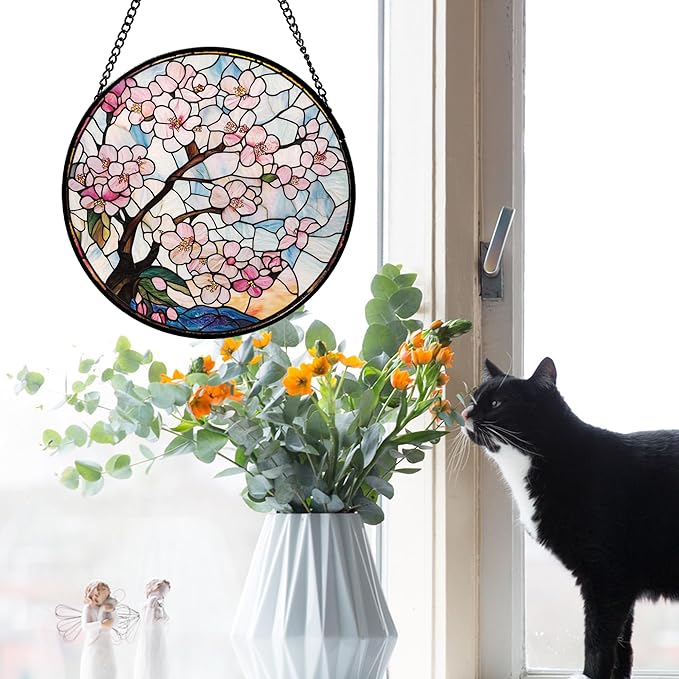 Stained Glass Window Hanging - Cherry Blossoms Suncatcher for Door Garden Home Decor Pink Flowers Sun Catcher Christmas Birthday for Friend Lovers Women Mom Nana 11.8 in