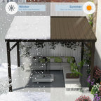 Domi 8’x10’ Wall-Mounted Hardtop Gazebo Pergola – Permanent Lean-to Outdoor Shelter with Sloped Galvanized Steel Roof & Upgraded Drainage – Grey Metal Patio Cover for Backyard, Deck, Garden,Brown