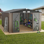 GVDV 10x14 FT Outdoor Metal Storage Shed, Durable Garden Shed with Updated Frame Structure for Backyard, Patio, Tool Storage, All-Weather Shelter for Bike, Gardening Tools, Lawn Mowers, Grey