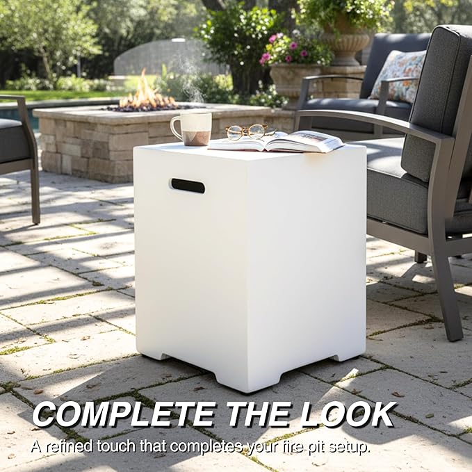 Propane Tank Cover Table for Fire Pits, 20 LB Concrete Propane Tank Holder with Side Handles, Outdoor Tank Storage Side Table for Patio, Gas Griddle, Ancient White