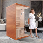 3 Person Wooden Steam Sauna Room, Red Cedar Luxurious Indoor Sona House with 6 KW Harvia Heater, Wi-Fi Controller, Bluetooth Speaker, Wooden Bucket, Scoop, Reading Light, 220V