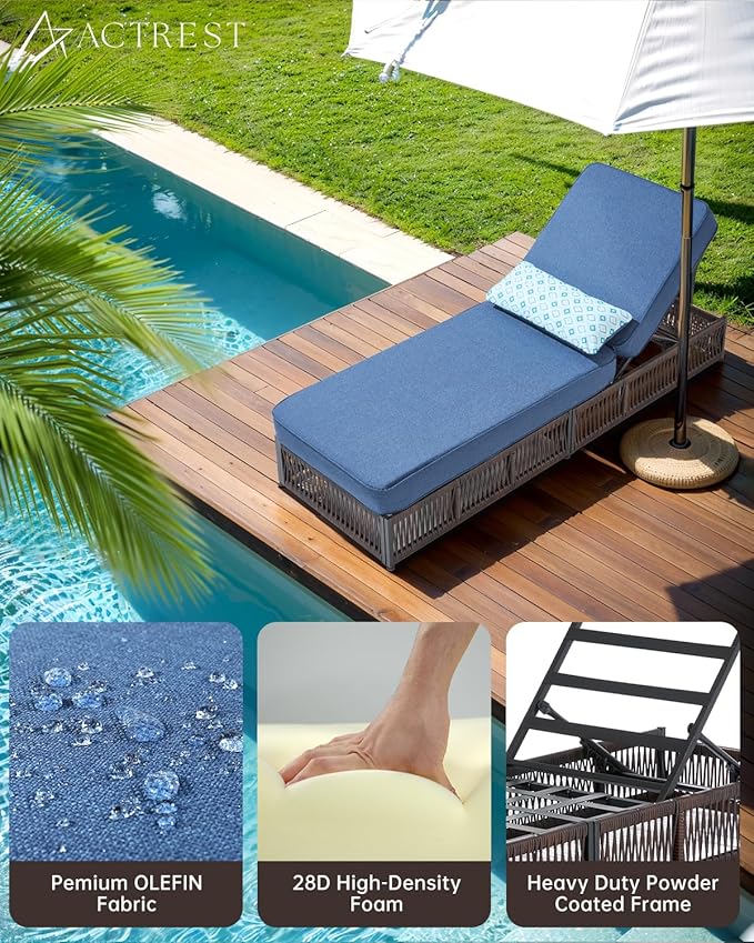 Luxury Outdoor Chaise Lounge with 5 Inch Thickened Cushions - 1 Set High Back Brown Wicker Patio Recliners Rattan Reclining Chairs Porch Poolside Pool Sunbathing Lounger - Navy Blue