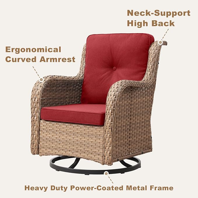 HUMMUH Outdoor Swivel Rocker PE Wicker Patio Chairs Set of 2, Rattan Rocking Chair Furniture Set (Yellow,Red)