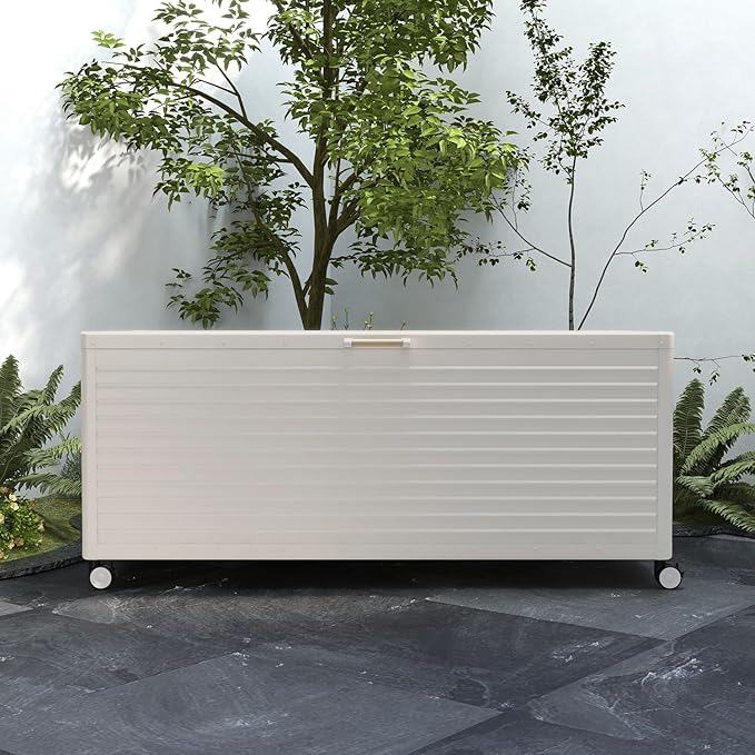 MIRADOR 281 Gallon Large Outdoor Metal Deck Box with Wheels, Storage Box with Lid for Patio Furniture, Garden Tools, Outdoor Cushion, Latte