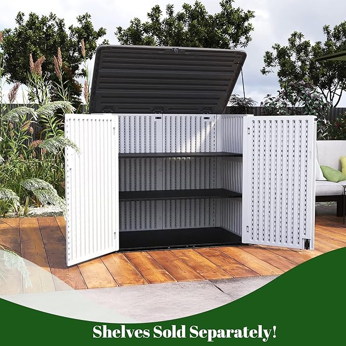 ADDOK Horizontal Storage Shed Outdoor with Floor, 27 Cu Ft Capacity Plastic Storage Shed with Lockable Double Doors, All-Weather Condition Use for Patio, Backyard, Lawn and Garden, White