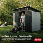 Keter Artisan 7 x 7 Foot Large Modern Design Outdoor Shed with Floor for Outdoor Furniture, Lawn Equipment, Bikes, and Gardening Tools, Gray