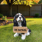 Charming Cavalier King Charles Spaniel Welcome Dog Statue with Solar Lantern, Hand-Painted Sitting Resin Puppy Figurine with Reversible Signs for Garden, Patio, and Porch Décor