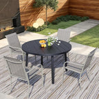 5 Pieces Round Dining Table Set for 4, Patio Dining Set Includes 4 Grey Stackable Patio Chairs and 1 Black Round Table, Patio Furniture Setss with Sling Support for Outside, Garden
