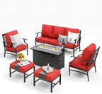 Patio Furniture Set, 6 Pcs Metal Outdoor Conversation Set, 2 Single Chairs, 2 Ottomans and 3 Seater Sofa with 5.75" Extra Thick Cushion and Gas Fire Pit Table, Red