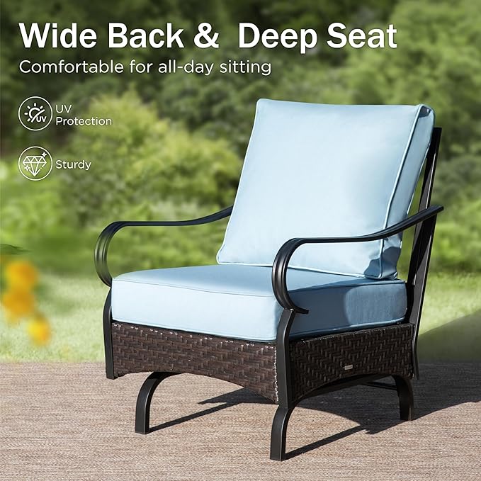 PHI VILLA Patio Rocking Chairs Set of 2, Outdoor Wicker Chairs with Thick Cushion, All Weather High Back Outdoor Furniture for Balcony Porch and Yard