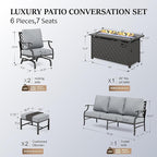 HERA'S HOUSE 6 Pieces Patio Furniture Set with Fire Pit Table, 2 x Rocking Chair, 2 x Ottoman, 3-Seat Sofa with 45" Fire Pit Table, Outdoor Conversation Set for Garden Poolside Backyard, Grey
