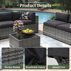 Aoxun 7 Piece Patio Furniture Set Wicker Rattan Patio Conversation Set Outdoor Sectional Sofa Set with Coffee Table and Thickened Cushions, Grey/Black(Waterproof Cover Included)