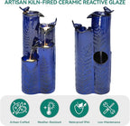 32" H Ceramic Outdoor Water Fountain with LED Lights, 4-Tier Vase Outdoor Fountain, Cobalt Blue Glaze, Embossed Fern Pattern, Cascading Waterfall for Tranquil Garden, Patio, or Porch