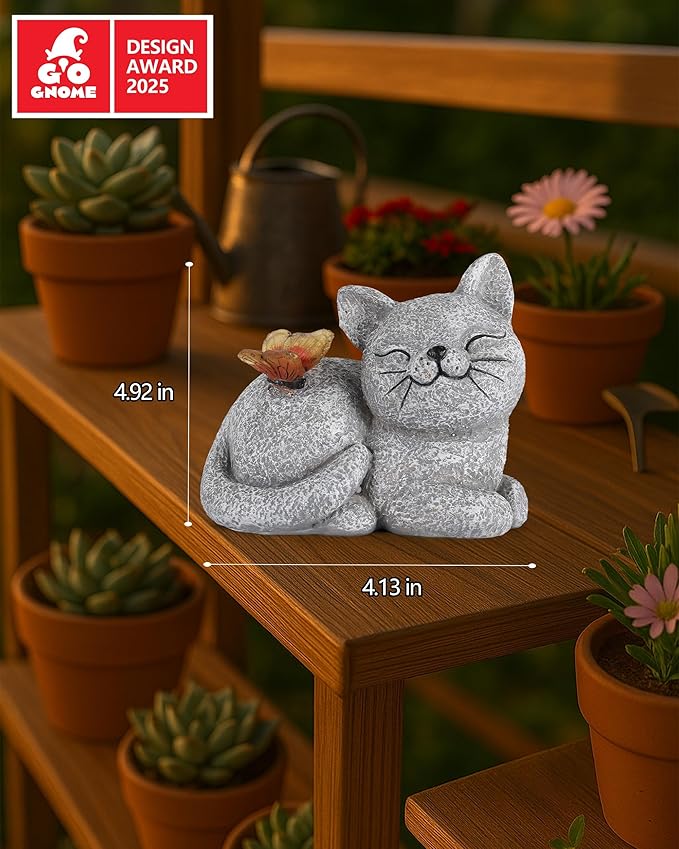 Solar Cat Garden Statue with Butterfly Light – 5-Inch Outdoor Resin Figurine for Yard, Patio, Balcony – Gifts for Women, Garden Decor Accent (Cat)
