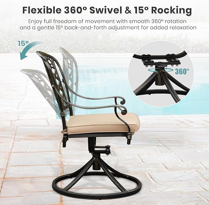 Set of 8 Cast Aluminum Patio Chairs with Cushions, All-Weather Aluminum Outdoor Swivel Chairs, Metal Outdoor Rocking Chairs for Backyard, Poolside and Bistro (Khaki, 8 Pieces)