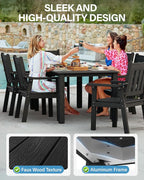 YEFU HIPS Patio Table Set: 7 Piece Outdoor Table and Chairs Dining Furniture Set with Umbrella Hole - Black Modern Plastic Dining Sets 6 Person for Outside Deck with Metal Aluminum Frame