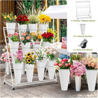 Flower Display Stand 3 Layers with 12 PCS Round Buckets, Plant Stand with Wheels, Movable Metal Plant Stand for Terrace Garden, Florist Shop