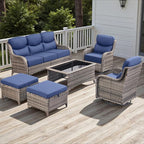 Rilyson Wicker Outdoor Patio Furniture Set - 6 Piece Patio Conversation Sets with Swivel Rocker Chairs, Ottomans, Sofa and Coffee Table, 6 inch Cushions, Deep Seating, for Porch Deck Mixed Grey/Blue