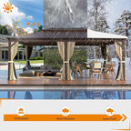 MELLCOM 14' x 20' Hardtop Gazebo,Galvanized Steel Metal Double Roof with Curtain and Netting,Brown Permanent Pavilion Gazebos with Aluminum Frame for Patios,Gardens,Lawns