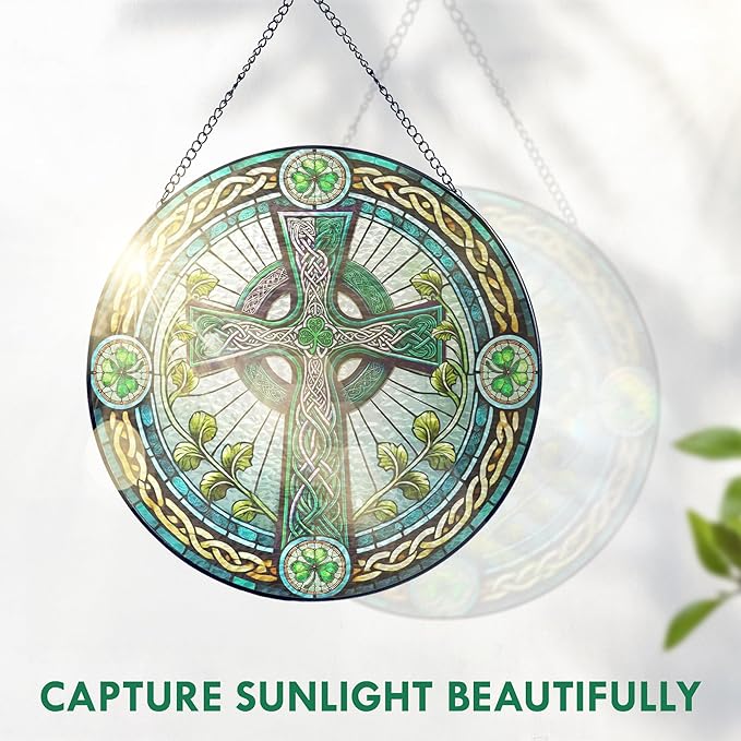 FLAGWIX Christmas Irish Gifts for Women Men - Stained Glass Hanging Suncatcher 10 in - Birthday Christmas Irish Decorations for Family Friends, Celtic Cross Home Decor, St Patricks Day Decorations