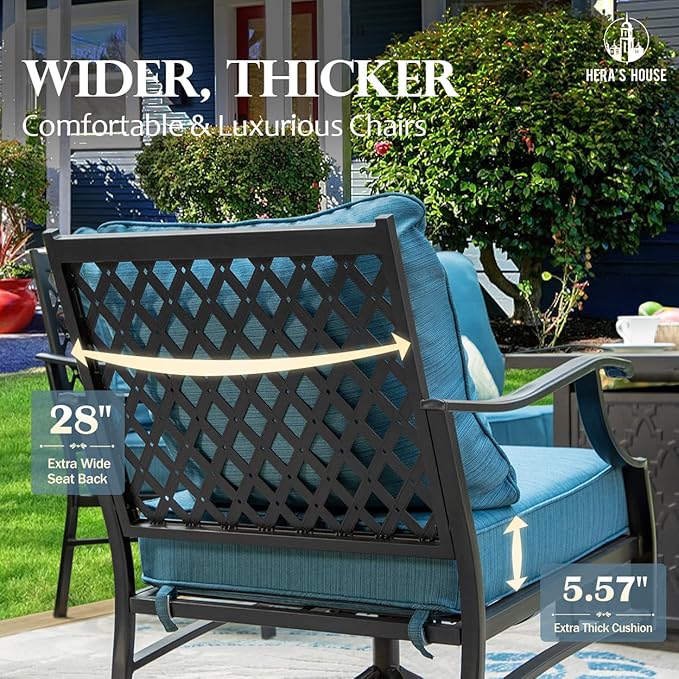 HERA'S HOUSE 4 Pieces Patio Furniture Set with Fire Pit Table, 2 x Rocking Chair, 3-Seat Sofa with 45" Fire Pit Table, Outdoor Conversation Set for Garden Poolside Backyard, Pacific Blue