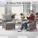 5 Pieces Wicker Patio Furniture Set - Hollow Widen Armrests Outdoor Rattan Chairs with Ottomans and Side Table, Small Patio Convention Set for Balcony Porch Deck and Yard - Brown/Gray