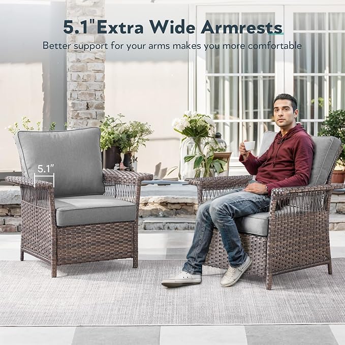 5 Pieces Wicker Patio Furniture Set - Hollow Widen Armrests Outdoor Rattan Chairs with Ottomans and Side Table, Small Patio Convention Set for Balcony Porch Deck and Yard - Brown/Gray