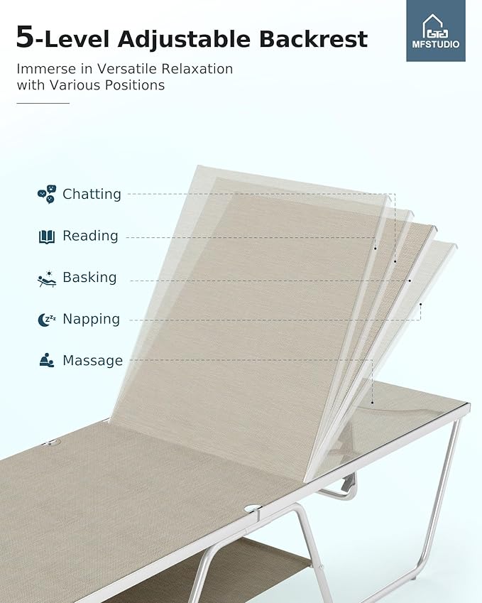 MFSTUDIO Outdoor Chaise Lounge Chairs of 2, Reclining Lounger Chairs with 5 Adjustable Positions, Pool Beach Lounge Chairs, Textilene, Outdoor Lounger Seating Furniture