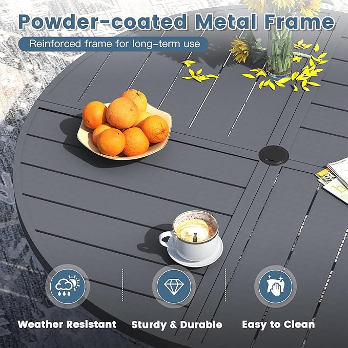 DIFY 40.6" Round Outdoor Patio Dining Table for 4, All-Weather Metal Steel Slatted Patio Table with 1.57" Adjustable Umbrella Hole, for Lawn Garden Porch Backyard, Grey