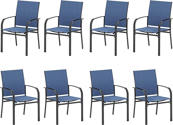 HERA'S HOUSE Patio Dining Chairs Set of 8, 36" Textilene Fabric Outdoor Chairs with Wrought Iron Metal Frame Support 350lbs for Lawn Backyard Garden Kitchen, Blue