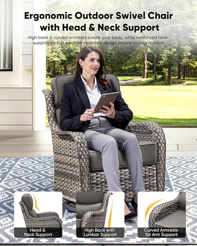 HUMMUH 6 inch Thick Cushion Wicker Patio Furniture Set with Outdoor Swivel Rocker Patio Chairs,High Back Outdoor Couch and Coffee Table for Porch Garden Deck