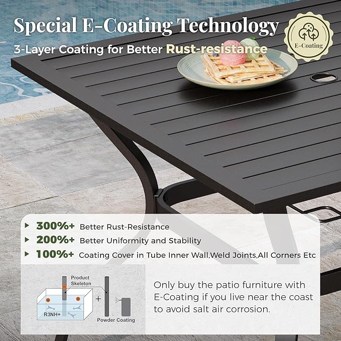 5 Pieces Patio Table and Chairs Set, 4 Person Outdoor Dining Furniture Set, 4 Blue Textilene Chairs and 37" Square Metal Table with Umbrella Hole, for Deck Backyard Lawn