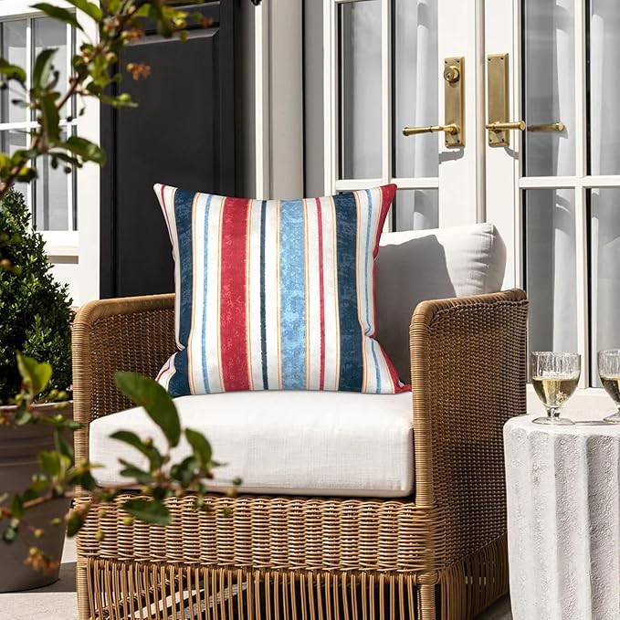 LVTXIII Outdoor Throw Pillows, Decorative Throw Pillows with Inserts, 16"x16" Square Pillows for Bed, Couch, Sofa and Patio Furniture, Set of 2, Stripe Red Blue