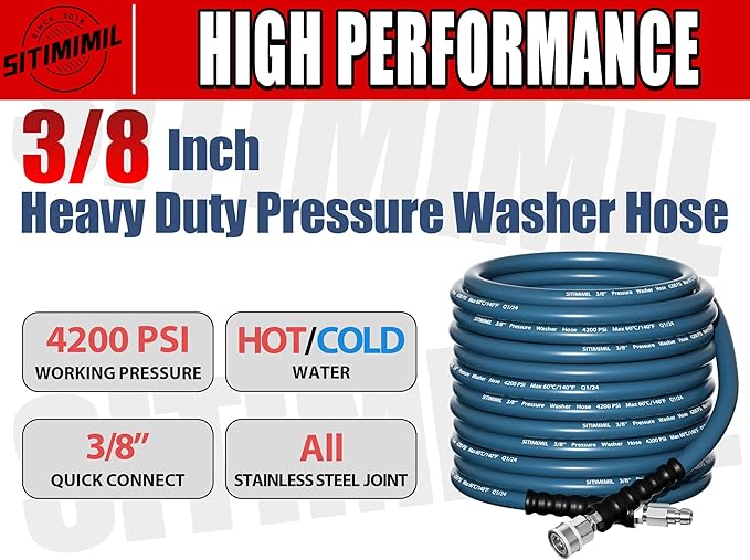 3/8'' Pressure Washer Hose 50FT - Kink Resistant Steel Wire Braided, Wear Resistant, 3/8" Stainless Steel Quick Connect, with M22 14mm Adapter Set, Hot and Cold Water Power Washer Hose, 4200 PSI