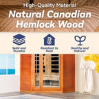 Woodbridge Infrared Sauna Room 2 Person Hemlock Wood Indoor Corner Sauna with 7 Carbon Heaters, Red Light Therapy,Bluetooth Speaker,Intelligent Dual Control System,Tempered Glass,Exterior Brim Light