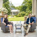 Outdoor Swivel Glider Rocker Chairs - 3 Piece Patio Furniture Set, Patio Bistro Sets with Tempered Glass Side Table, for Balcony, Porch - Brown Wicker, Blue Cushion