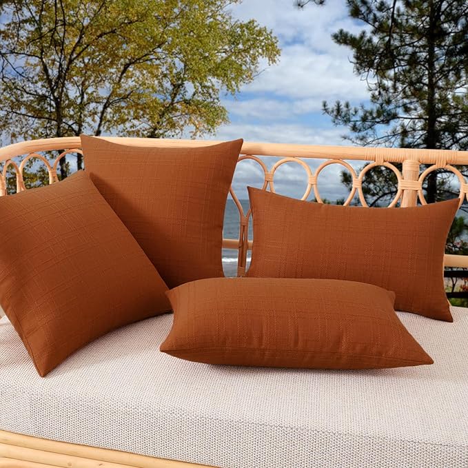 Kevin Textile Pack of 2 Outdoor Waterproof Pillow Covers Checkered Decorative Cushions Sham Throw Pillowcases Shell for Patio Tent Garden Couch Bed Sofa 24x24 Inch Burnt Orange