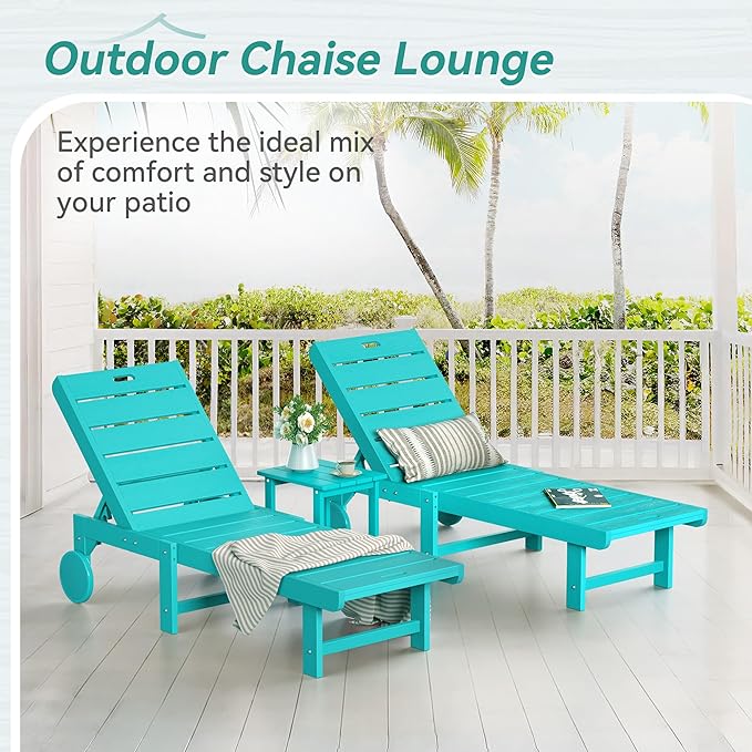 Outdoor Chaise Lounge Chairs Set of 4, 26.8” Super Wide Lounge Chair Outdoor, HDPS Pool Chairs with 5 Positions, Patio Lounge Chair with Wheels for Pool,Lawn,Backyard, Aruba Blue