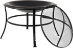 Fire Sense 62237 Fire Pit Tokia Steel Wood Burning Lightweight Portable Outdoor Firepit Rounded Lip & Curved Legs Included Wood Grate & Screen Lift Tool - 30" Round - Black
