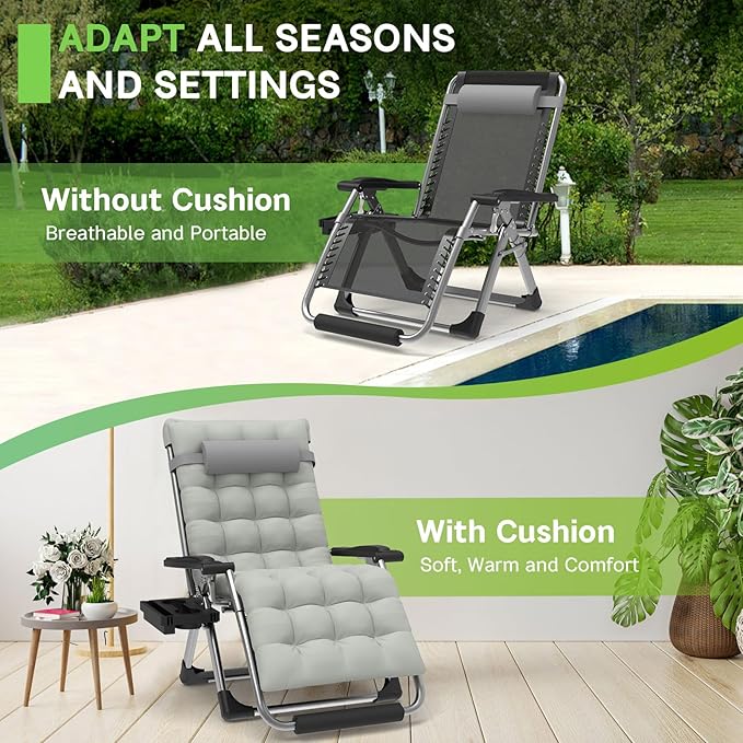 ZENPETIO 29In XL Zero Gravity Chair w/Cushion, Zero Gravity Recliner Lounge Chair for Indoor and Outdoor, Reclining Camping Chair for Lawn, Anti Gravity Chair with Cup Holder and Footrest, 440LBS