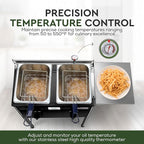 HOMIRA Iron Two-Tank Propane Deep Fryer with Thermometer, 2 Stainless Steel Baskets and Lids Fish Fryer with Adjustable Temperature Regulator, Outdoor Dual Fryer for Frying
