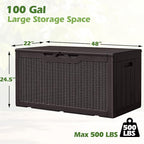 Greesum 100 Gallon Resin Deck Box Large Outdoor Storage, Imitation Rattan Weave Texture for Patio Furniture, Garden Tools, Pool Supplies, Weatherproof and UV Resistant, Lockable, Dark Brown