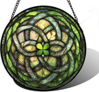 Stained Glass Window Hanging, Abstract Green Clover Sun Catchers Colorful Glass Panel Bless Suncatcher Decor for Birthday for Women, Men, Wife, Aunt, and Mom 7.8 in