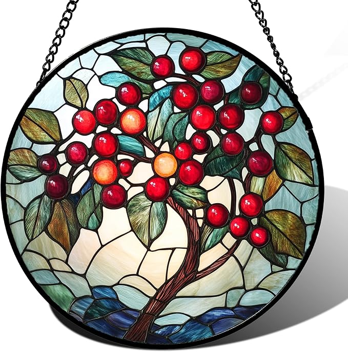 CRIS GIF Stained Glass Window Hanging - Red Fruit Tree Landscape Suncatcher for Doors Garden Patio Sun Catchers Decor Christmas Mother's Day Birthday Gifts for Women Men Mom Nana Friend 11.8 in