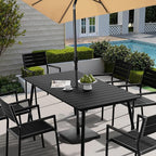Outdoor Dining Table for 6, 70inch Patio Dining Table with Wooden-Like Top and Aluminum Frame, Rectangular Table with Umbrella Hole Outdoor Furniture, Only Table, Black