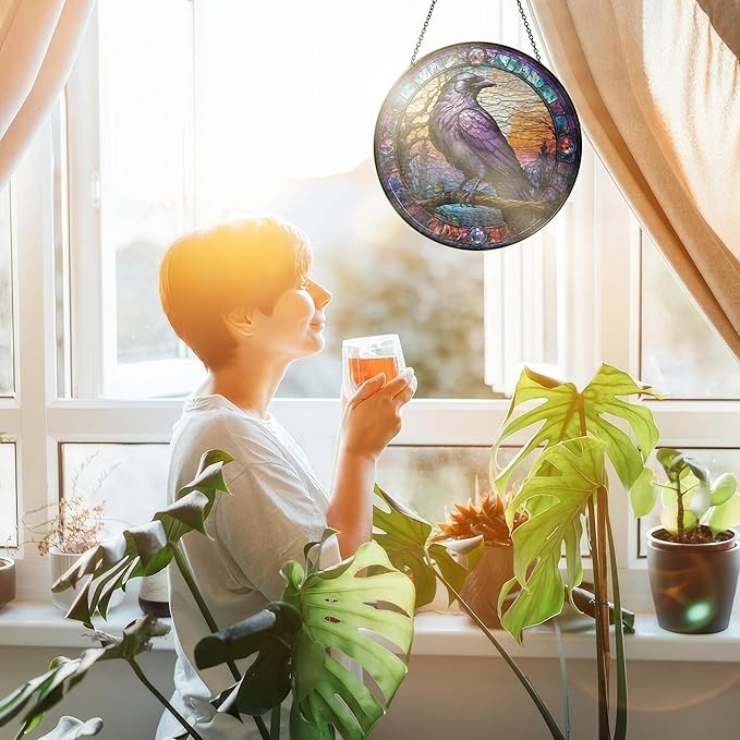 FLAGWIX Halloween Decorations Indoor Outdoor - The Crow Raven Stained Glass Window Hanging 8in - Black Crow Suncatchers for Gothic Home Decor, Halloween Fall Christmas Decor Gifts for Men Women
