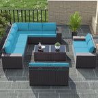 Outdoor Patio Furniture Set, 12 Pieces Outdoor Furniture All Weather Patio Sectional Sofa PE Wicker Modular Conversation Sets with Coffee Table,10 Chairs & Seat Clips Turquoise Blue.