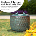 Glitzhome 14.75”H Outdoor Ceramic Water Fountain with LED Light and Pump, Embossed Leaf Pattern Floor Standing Bird Bath Fountain with Two Birds Decor for Patio Porch Deck Backyard, Turquoise