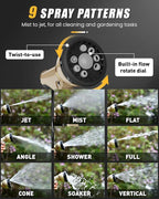 RAINPOINT Garden Hose Nozzle, Hose Sprayer Nozzle with 9 Spray Patterns, High Pressure Water Hose Nozzle Heavy Duty Metal Hand Sprayer, Watering Plants and Lawn, Car Washing, Pet Showering,Grey 2pcs